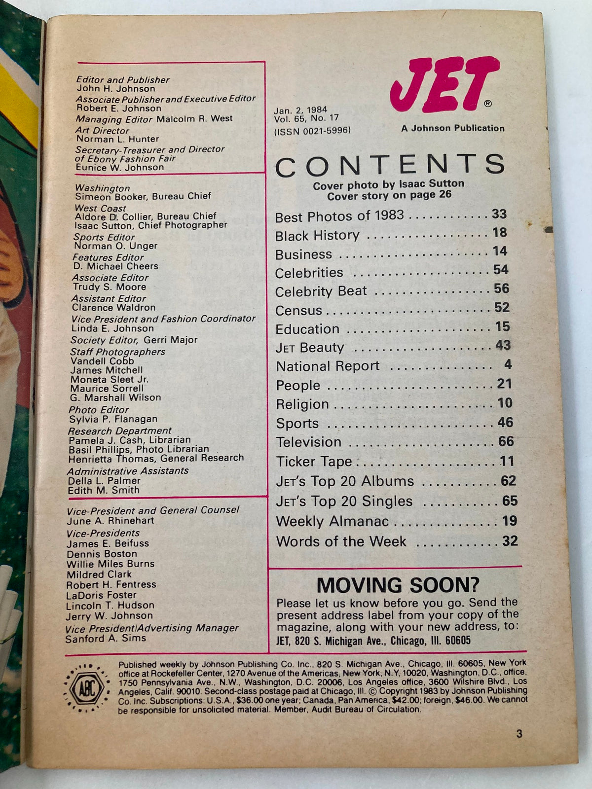 Contents page of VTG Jet Magazine January 2, 1984, Vol 65 #17, listing various articles and features including best photos of 1983 and sections on black history and celebrities.