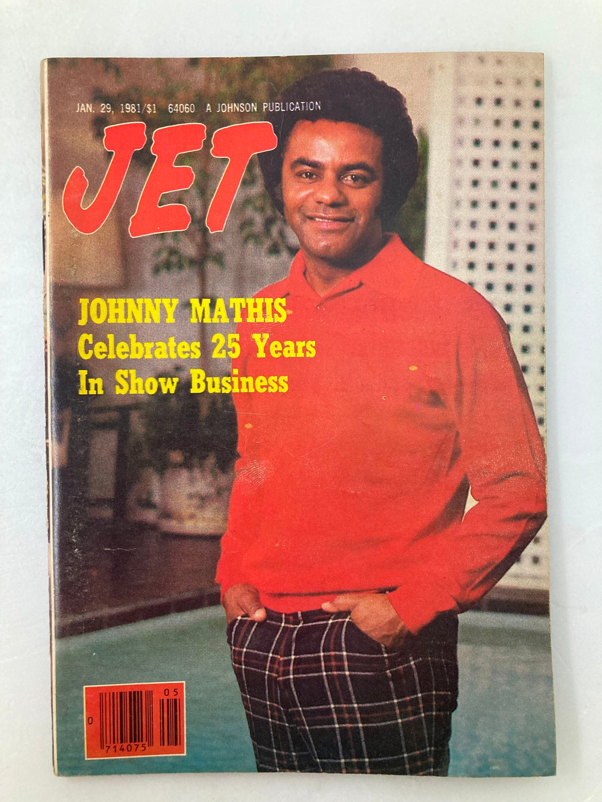 VTG Jet Magazine January 29 1981 Vol 59 #20 cover featuring Johnny Mathis celebrating 25 years in show business, showcasing vibrant colors and retro design.