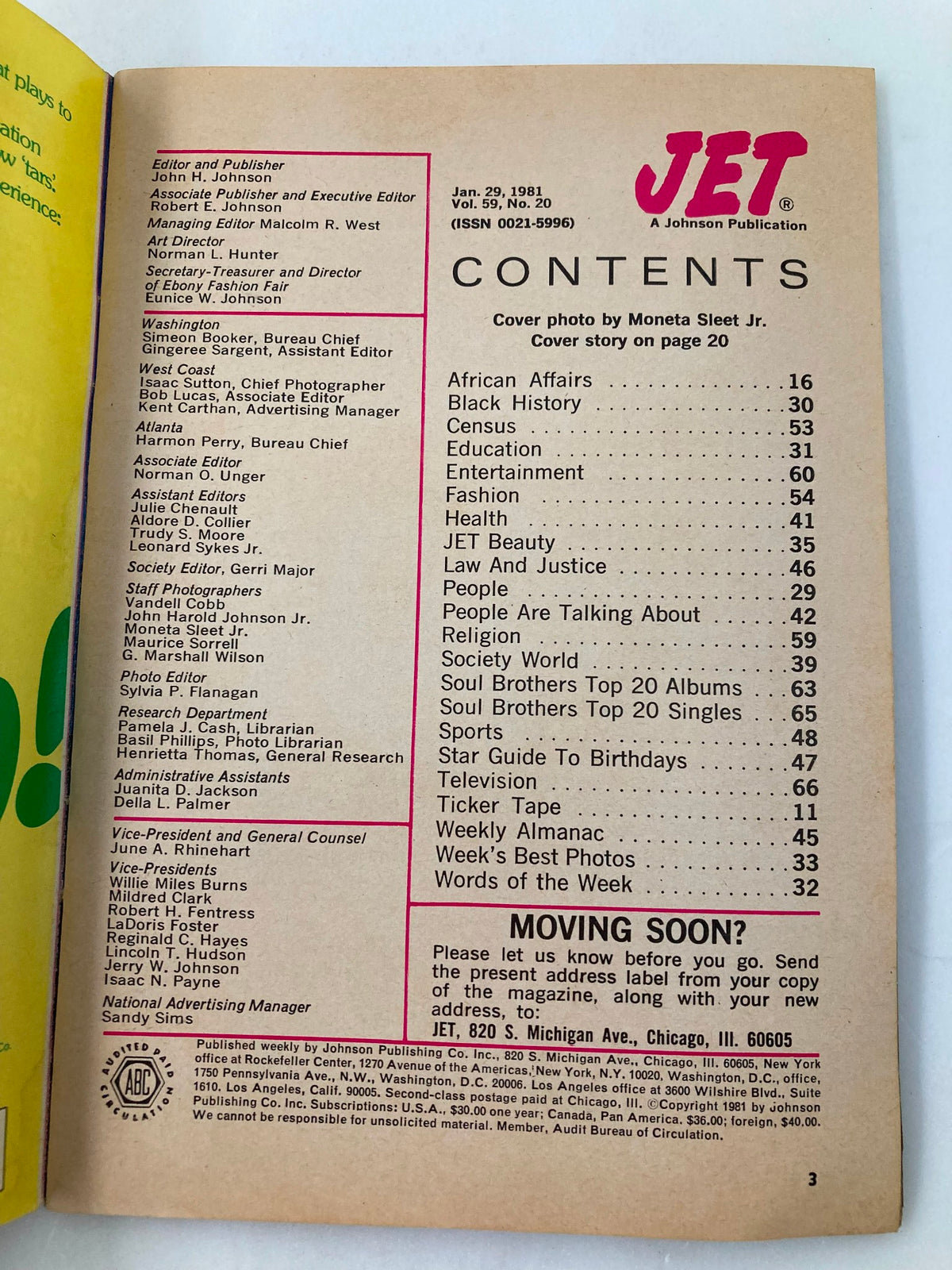 Inside page of VTG Jet Magazine January 29 1981 Vol 59 #20 displaying the table of contents, listing various topics including African Affairs, Black History, and Entertainment.