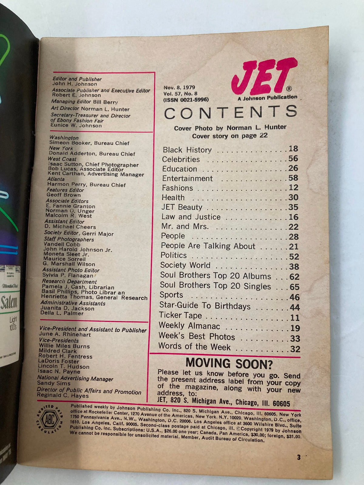 Contents page of VTG Jet Magazine from November 8, 1979, Vol 57 #8 listing articles and features including health, entertainment, and society.