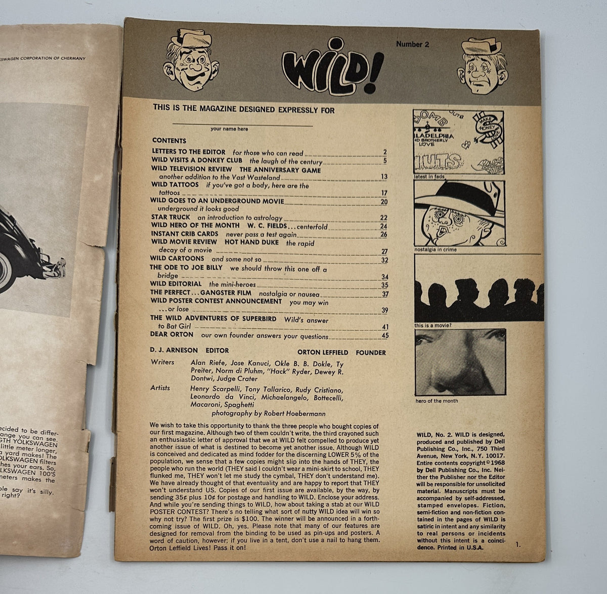 Cover of Wild! Magazine No. 2 featuring a detailed Table of Contents, showcasing various articles and illustrations, indicative of its underground movie satire style.