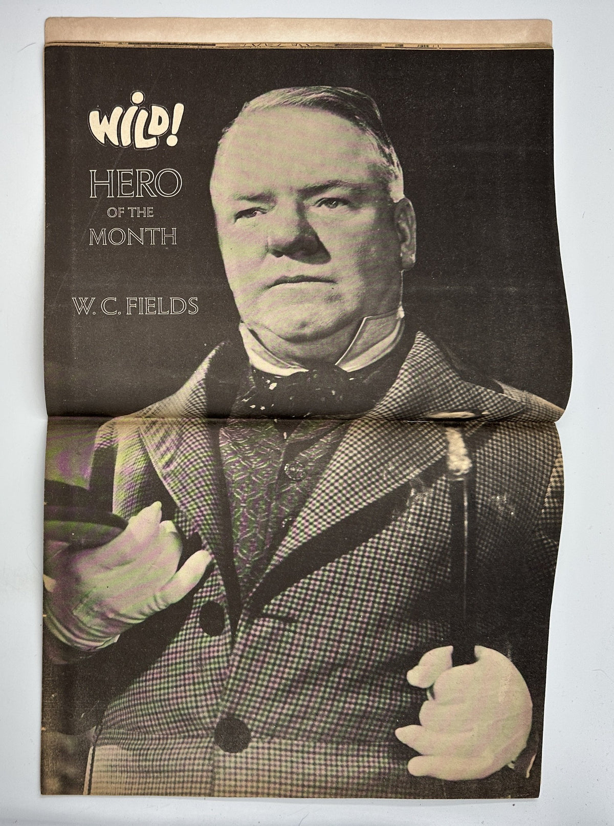 Hero of the Month feature for W.C. Fields in Wild! Magazine No. 2, highlighting a portrait of Fields with descriptive text, celebrating his contributions to comedic cinema.