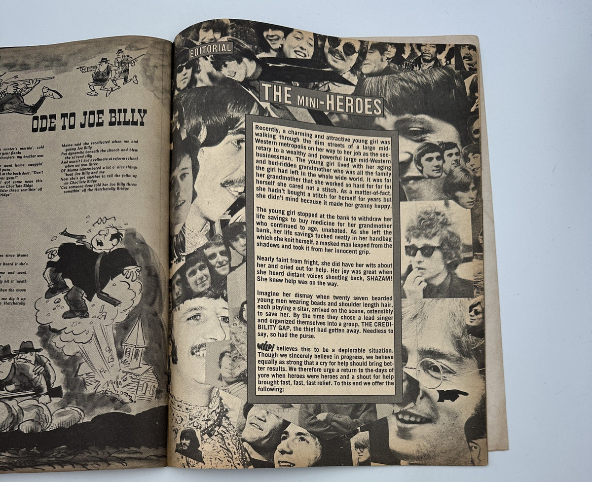 Editorial section titled 'The Mini-Heroes' in Wild! Magazine No. 2, featuring illustrations and text discussing cultural figures in a humorous context.
