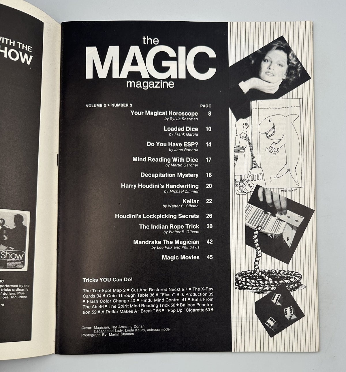 Inside view of The Magic Magazine March 1975 showing the Table of Contents with articles like Your Magical Horoscope, Loaded Dice, and tricks you can master.