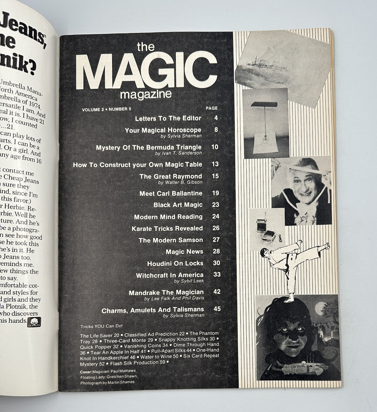 Inside page of The Magic Magazine May 1975 displaying the Table of Contents, including sections like 'Mystery Of The Bermuda Triangle', 'Houdini On Locks', and various magic tricks.