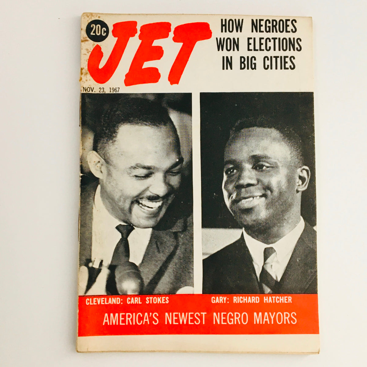 Jet Magazine November 23 1967 cover featuring Carl Stokes and Richard Hatcher, highlighting their historic roles as America’s newest Negro mayors.