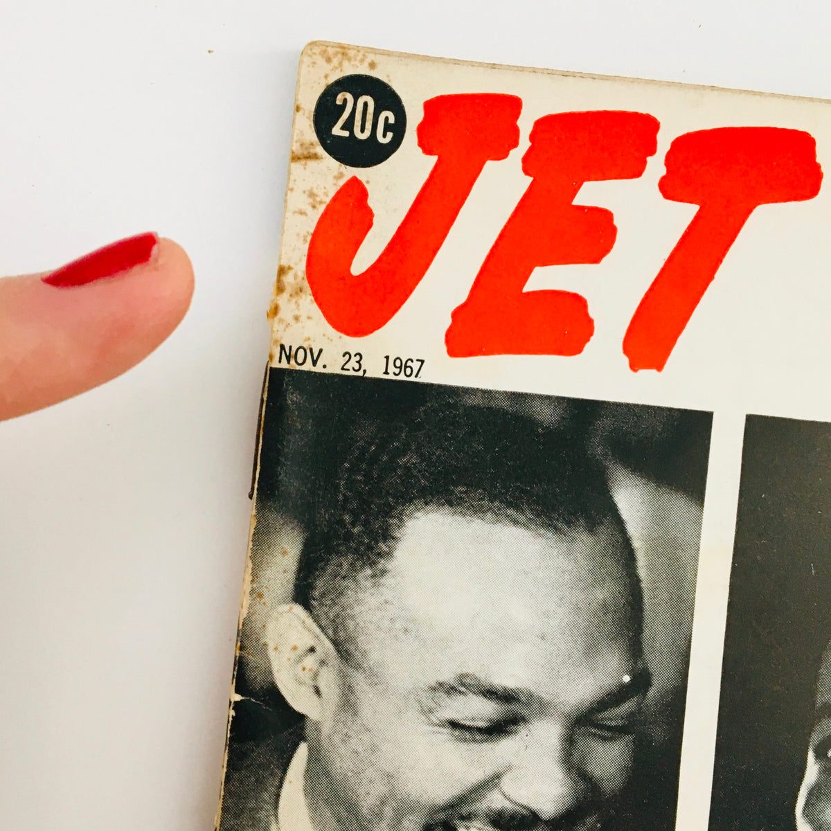 Close-up of Jet Magazine November 23 1967 cover, showing the date and titles of Carl Stokes and Richard Hatcher, significant figures in African American history.