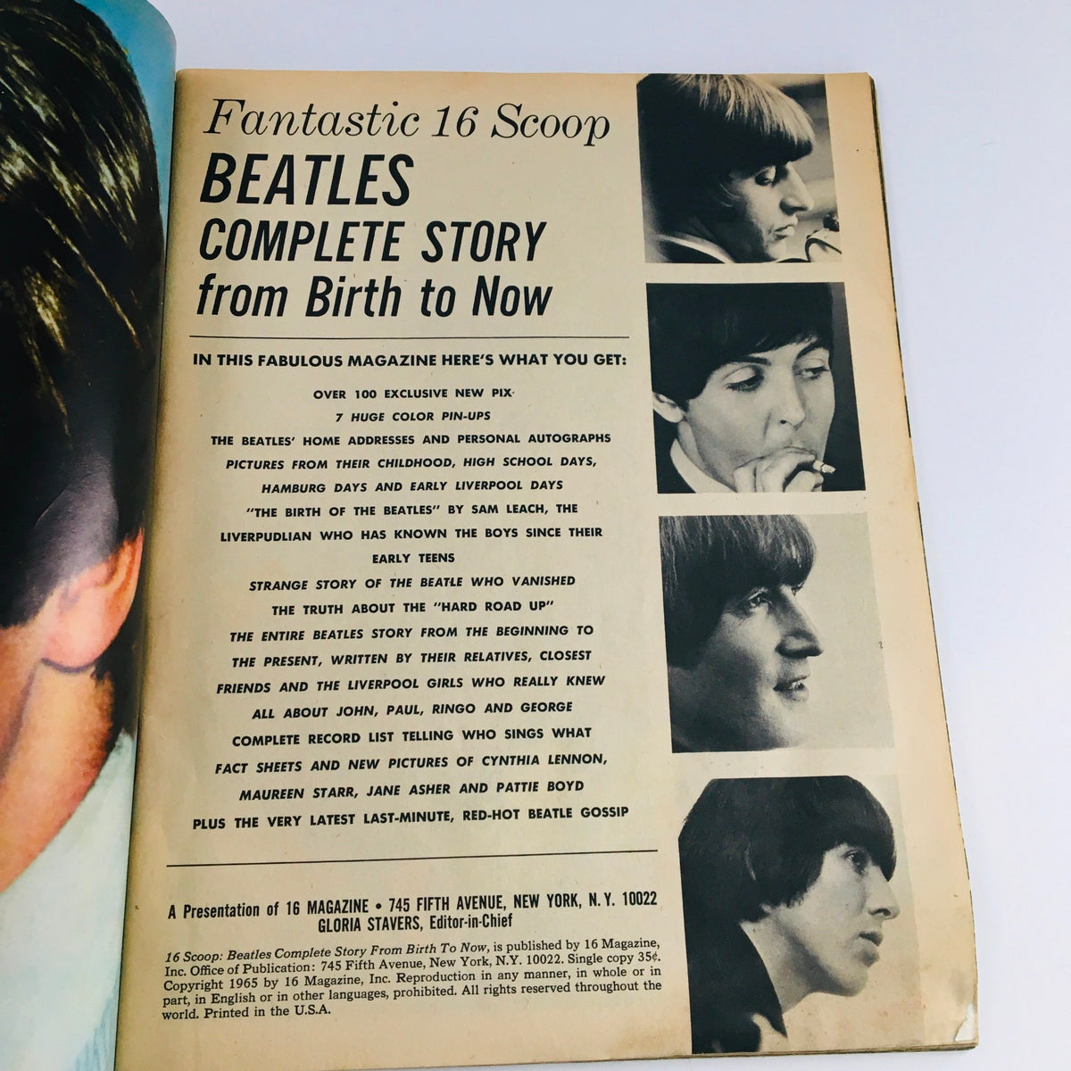 Inside page of 16 Scoop Magazine 1965 showcasing the Beatles' complete story with text descriptions and images of the band members.