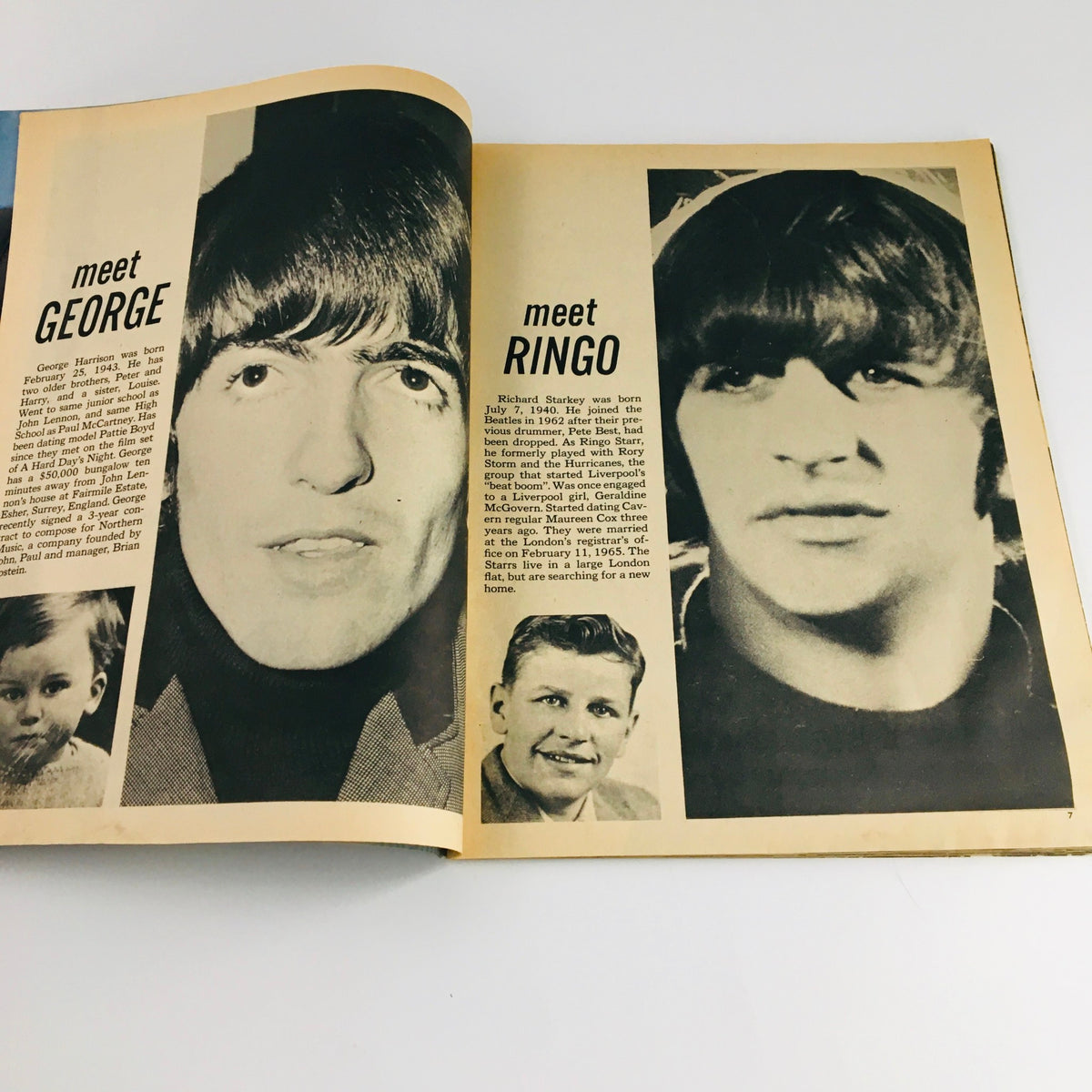 Inside spread of 16 Scoop Magazine 1965 featuring profiles of George Harrison and Ringo Starr with their childhood photos.