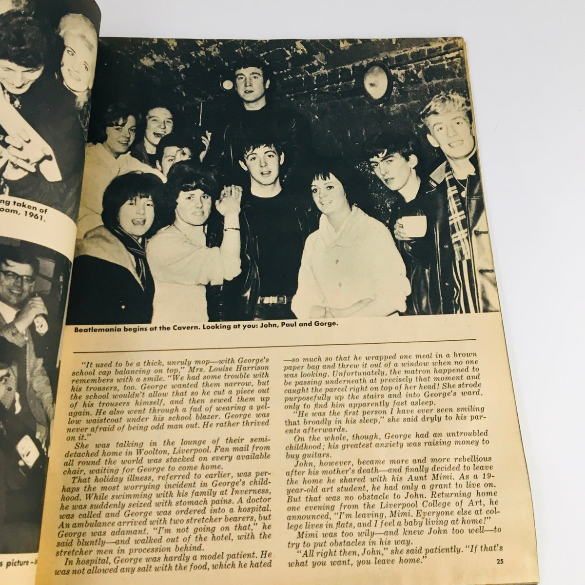 A page from 16 Scoop Magazine 1965 showing images and text about Beatlesmania beginning at the Cavern with band members.