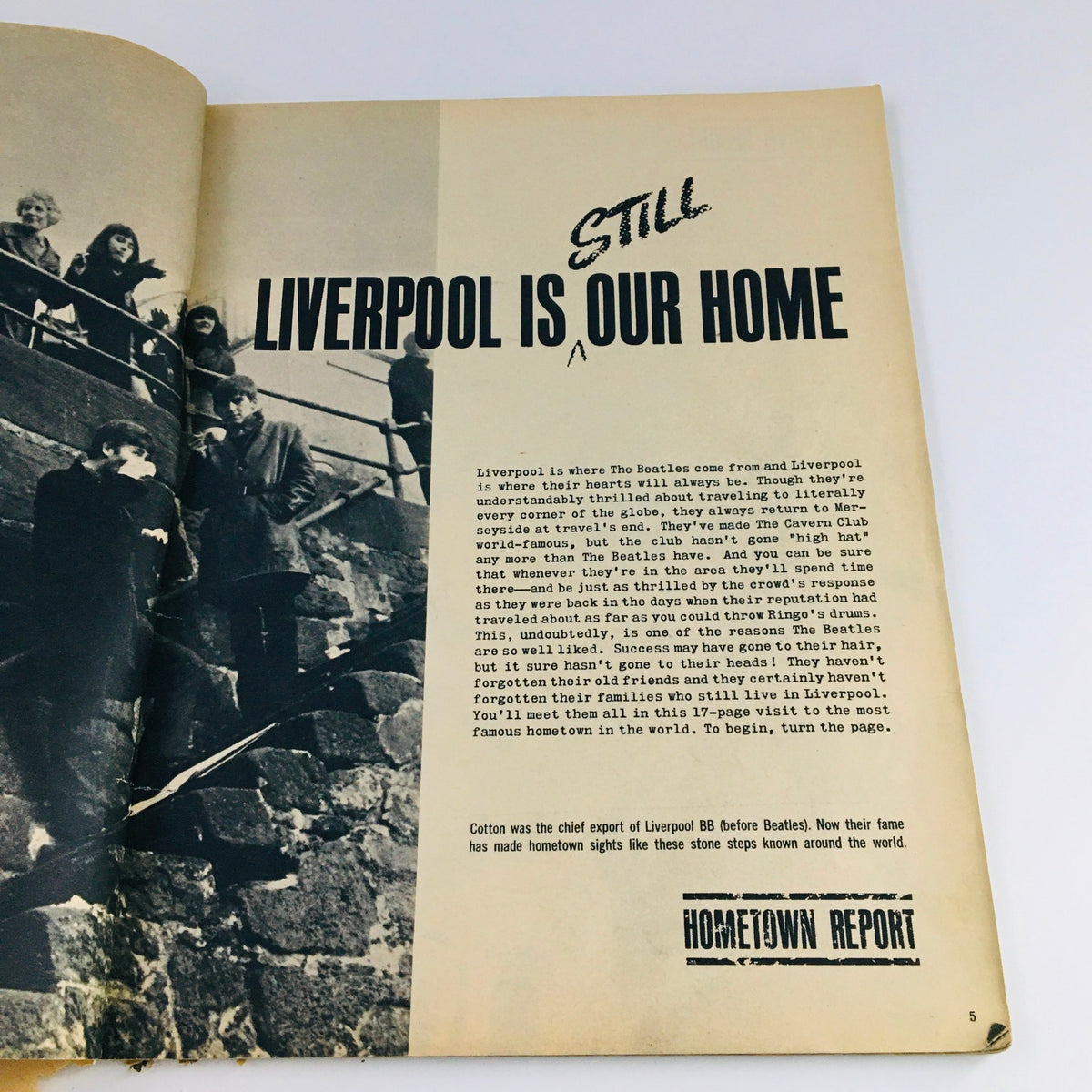 1964 The Beatles Are Back and Visit Their Home Fab Photos - An interior page showcasing the text 'LIVERPOOL IS OUR HOME' with a nostalgic view of Liverpool, reflecting The Beatles' roots.