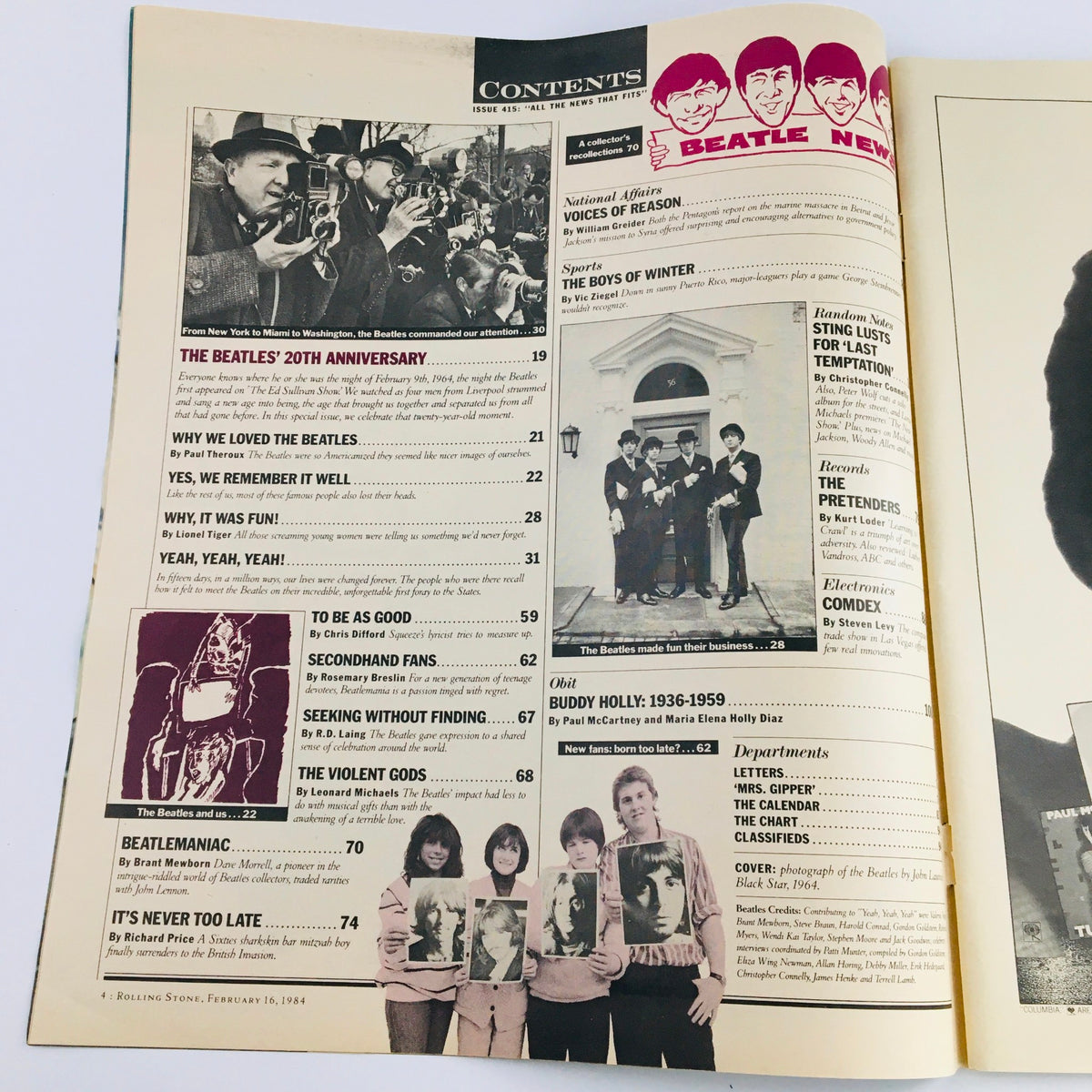 Contents page of Rolling Stone Magazine February 16, 1984, highlighting articles and features related to The Beatles' 20th Anniversary, including photographs and headlines.