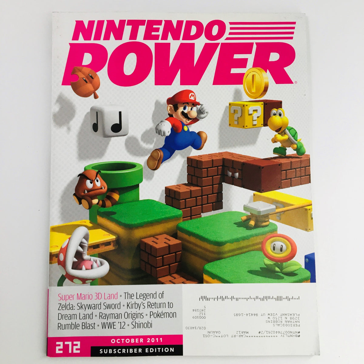 Cover of Nintendo Power Magazine from October 2011 featuring Super Mario 3D Land and Skyward Sword, showcasing vibrant game visuals and characters.