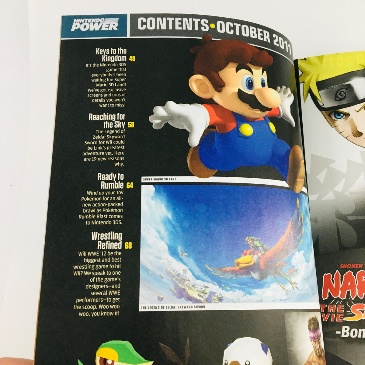 Interior page of Nintendo Power Magazine October 2011 with the contents section, including features about Super Mario 3D Land, Skyward Sword, and other game highlights.