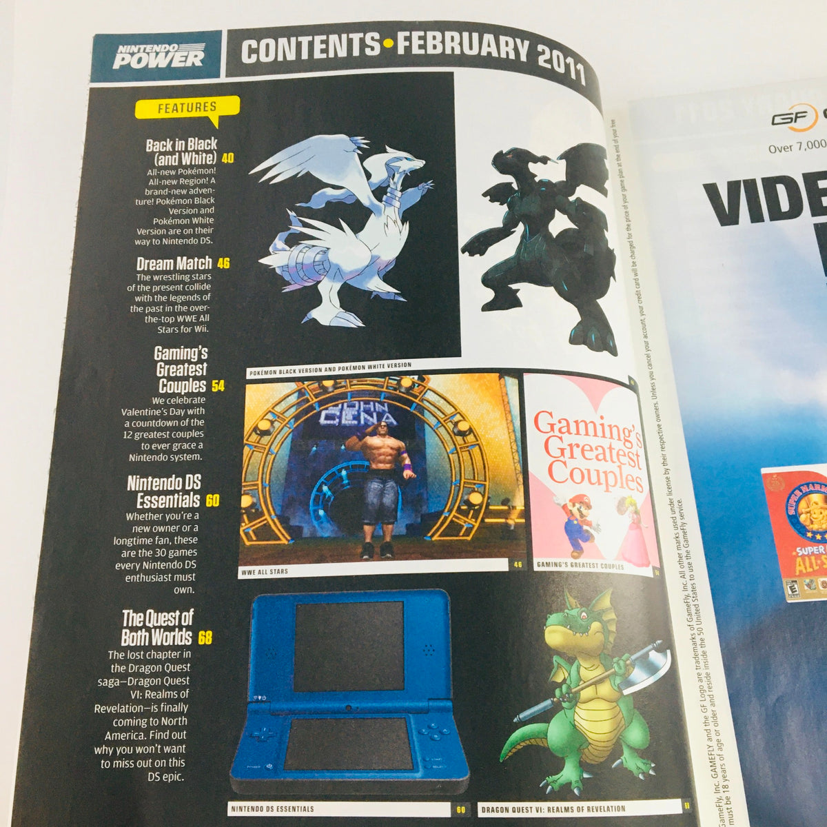 Contents page of Nintendo Power Magazine February 2011, featuring articles about Pokémon Black Version & White Version, gaming's greatest couples, and Nintendo DS essentials.