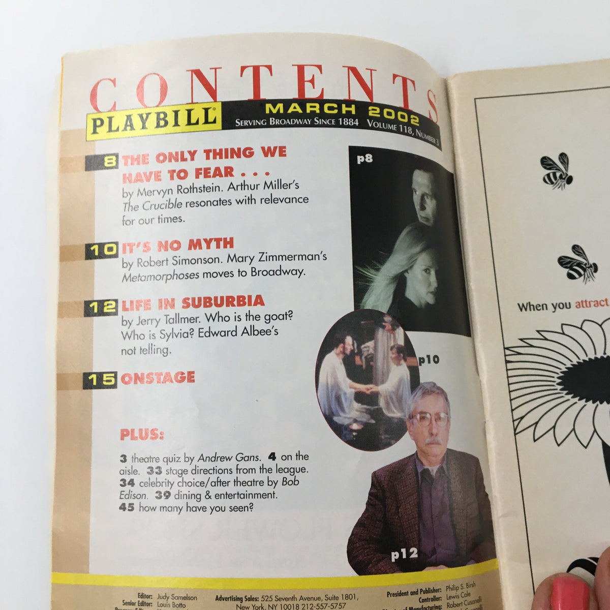 Inside page of the 2002 Playbill from Martin Beck Theatre listing contents for March 2002, featuring articles and highlights from the Broadway show.