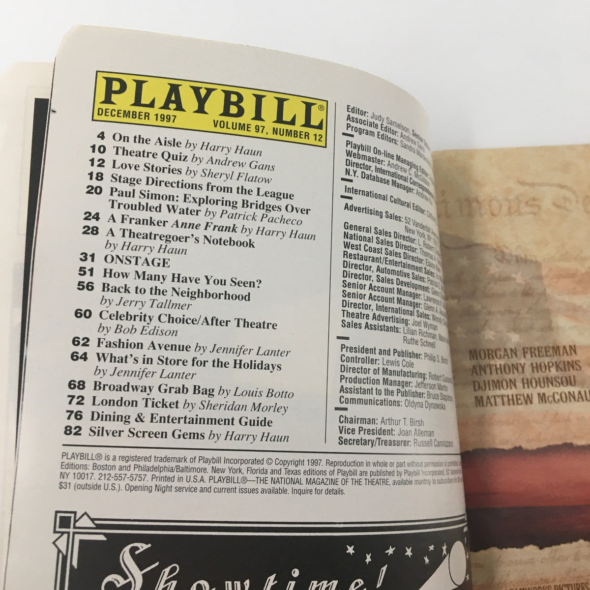 Inside page of the 1997 Playbill for Gross Indecency: The Three Trials of Oscar Wilde, showcasing the December 1997 table of contents.