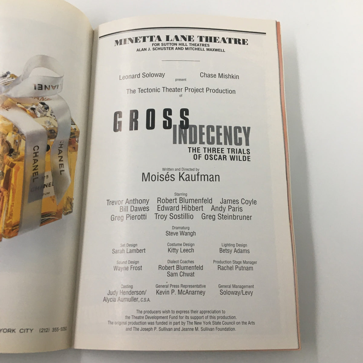 Another inside page of the 1997 Playbill for Gross Indecency: The Three Trials of Oscar Wilde, displaying the cast and creative team details.