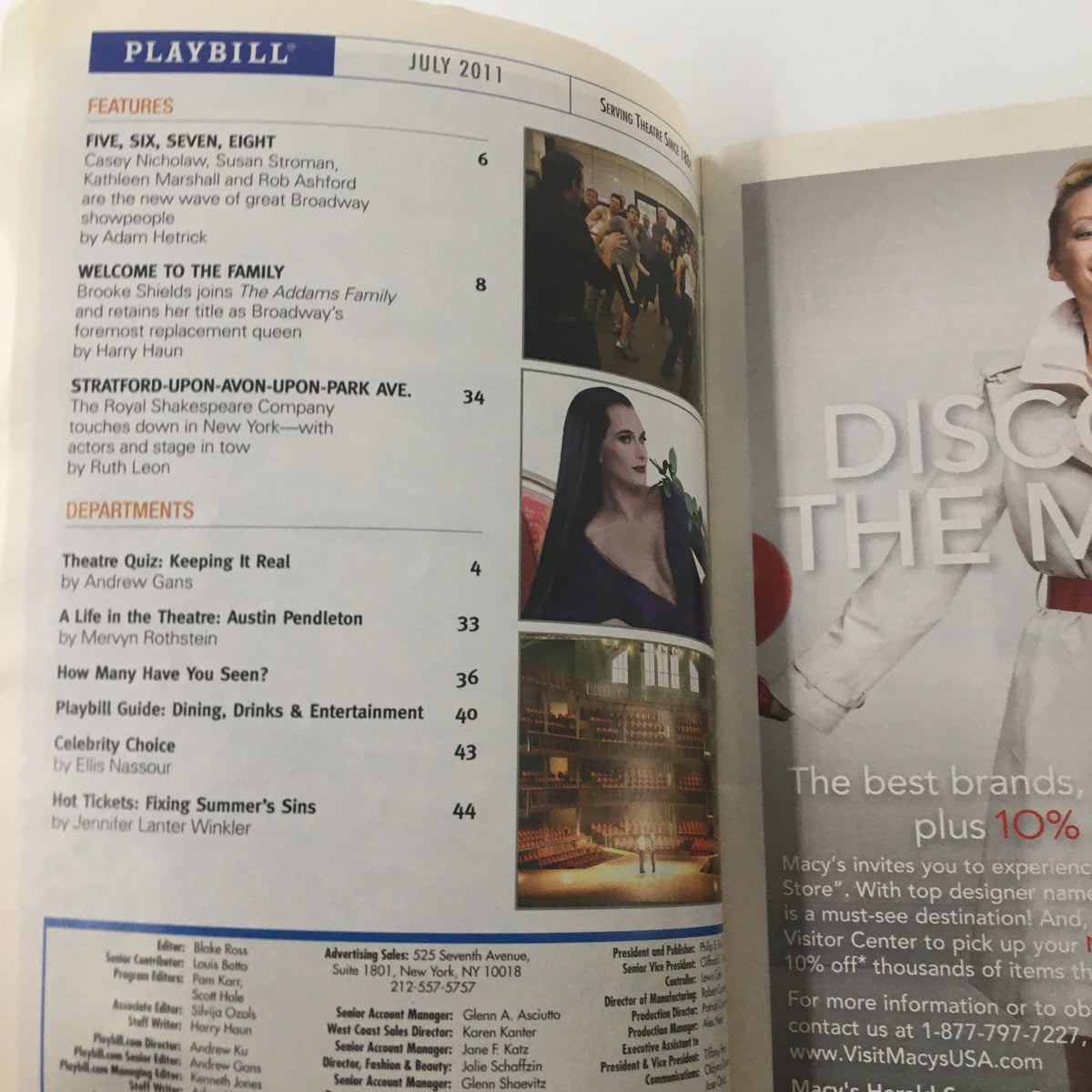 Interior page of the 2011 Playbill for Larry Kramer's The Normal Heart, showcasing cast and crew information along with other theater-related advertisements.
