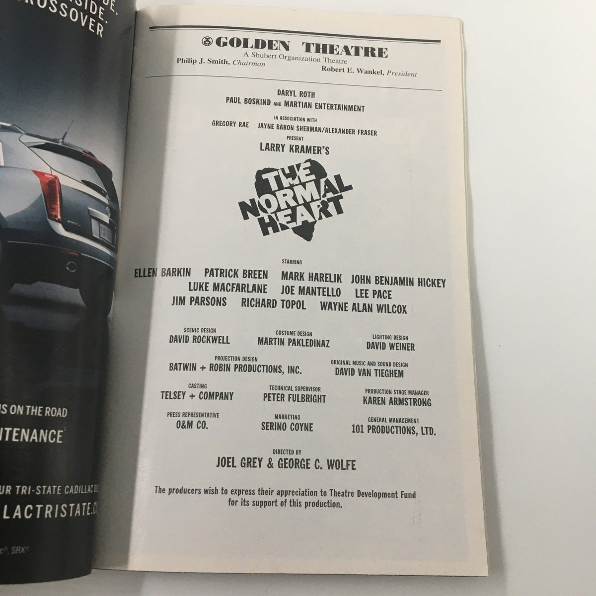 2011 Playbill from the Golden Theatre showcasing Larry Kramer’s The Normal Heart, directed by Joel Grey. The image features the cast and crew list, highlighting key performers and production details.