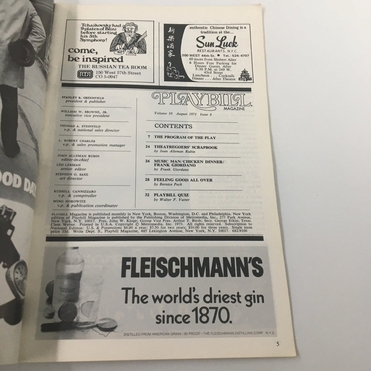Inside page of the 1973 Godspell Playbill listing the contents and advertisements, showcasing the magazine's layout.