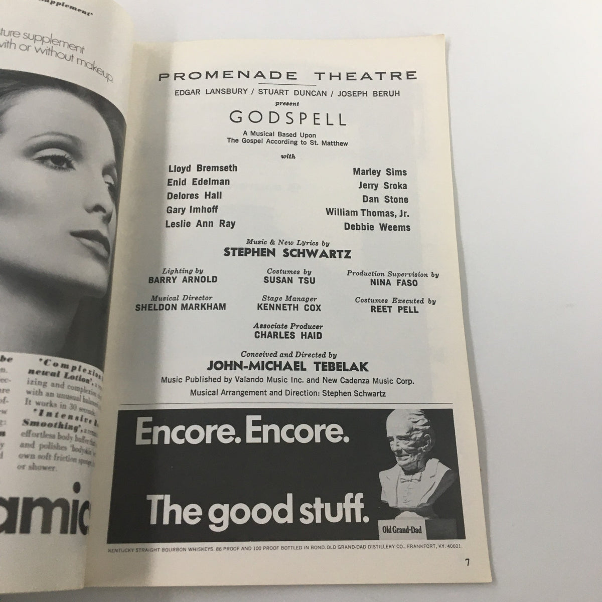 Another page from the 1973 Godspell Playbill detailing the cast and crew of the musical, designed for the Promenade Theatre.