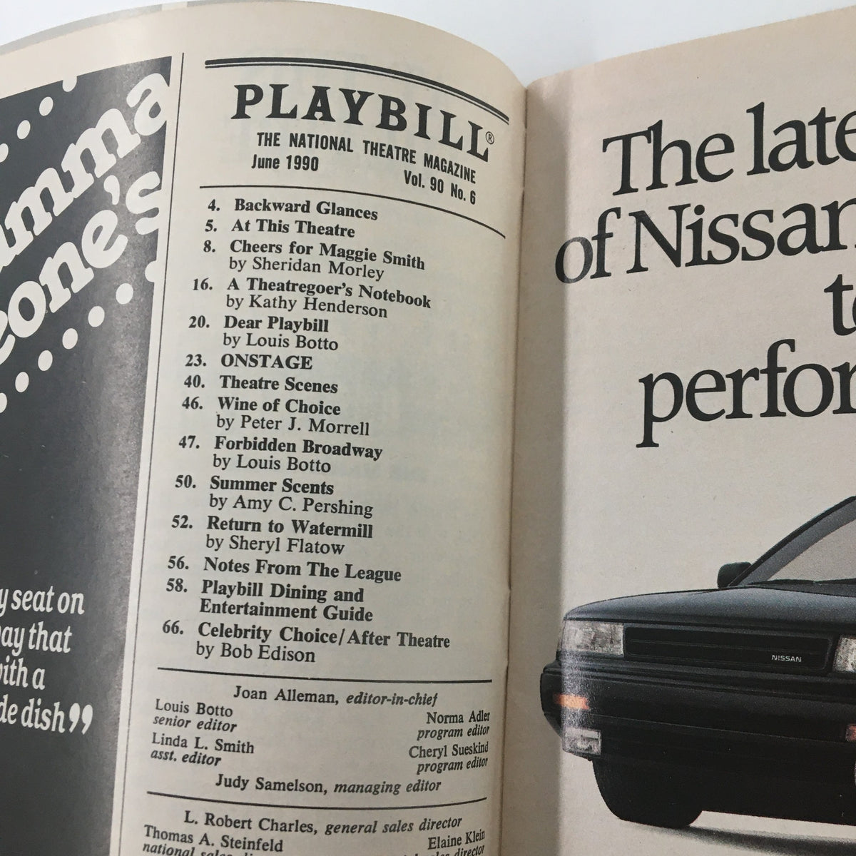 Interior pages of the June 1990 Playbill, showcasing articles and features related to the National Theatre Magazine.