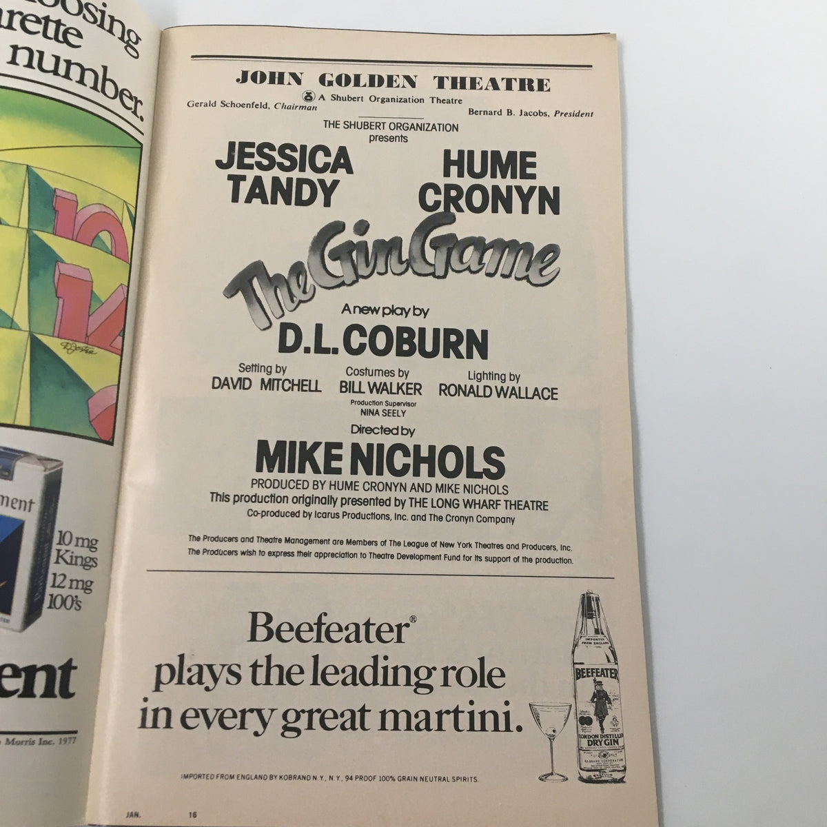 Inside page of the 1978 Playbill for The Gin Game by D.L. Coburn, showcasing the cast and production team at John Golden Theatre.