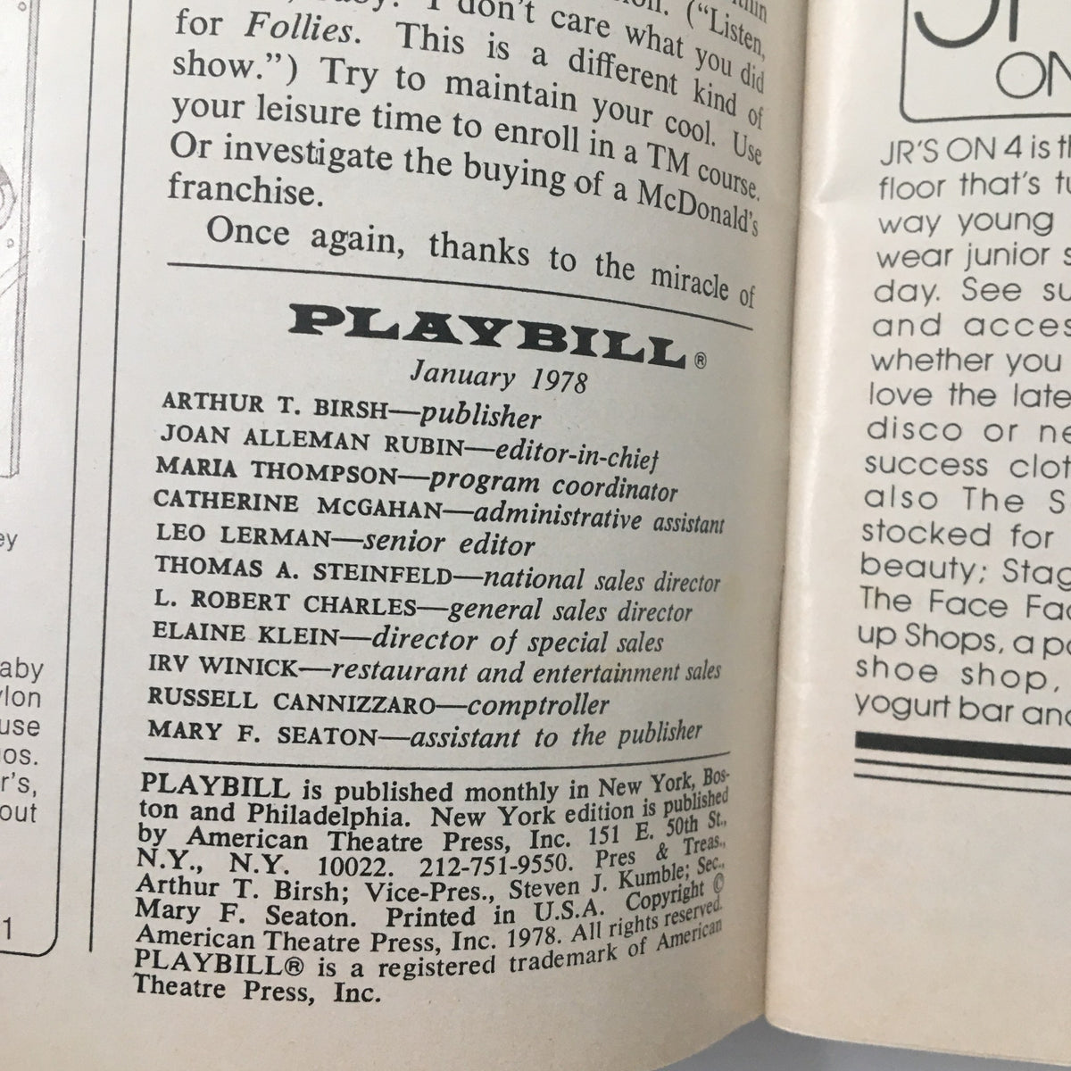 Another inside page of the 1978 Playbill for The Gin Game by D.L. Coburn, detailing credits and contributions to the production.