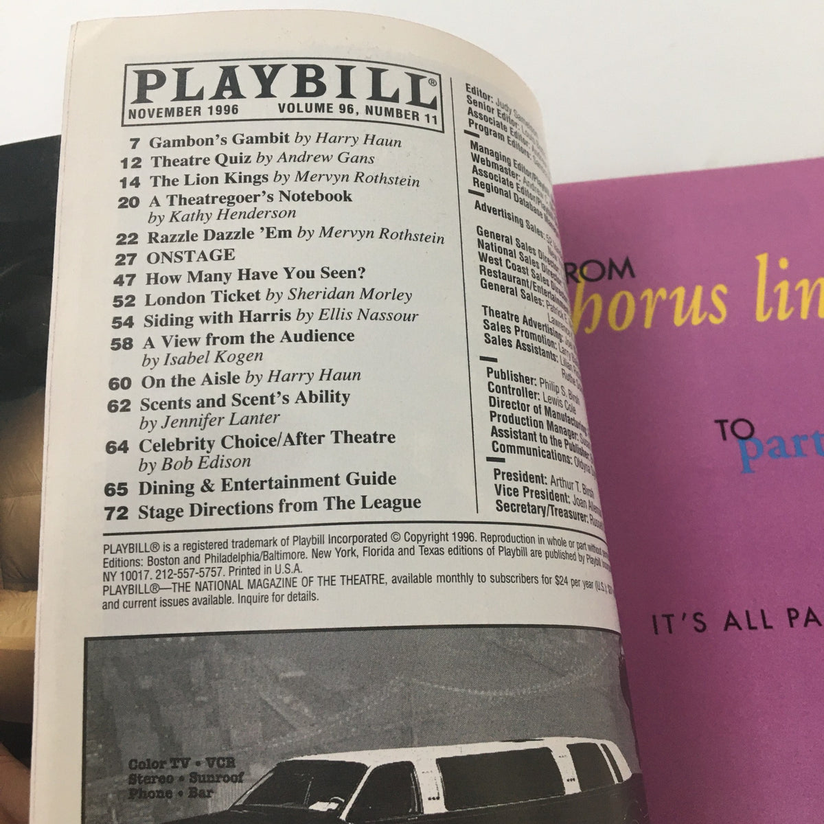 Interior page of the 1996 Playbill from Golden Theatre featuring various listings and advertisements, associated with Patti LuPone in Maria Callas' Master Class.