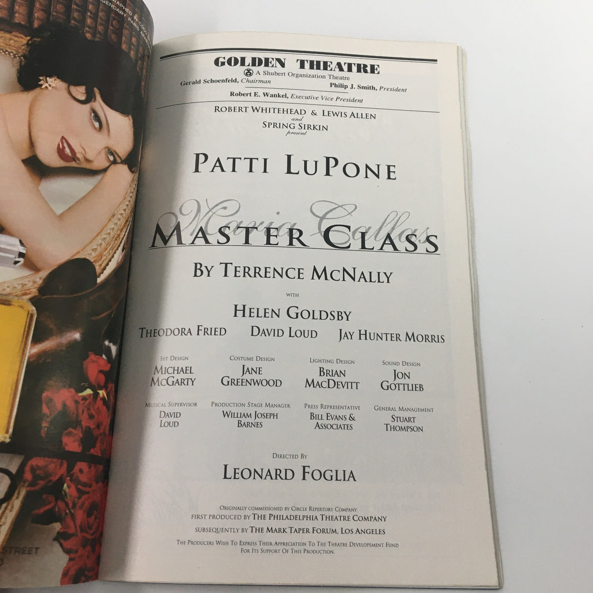 1996 Playbill from the Golden Theatre featuring Patti LuPone in Maria Callas' Master Class, showcasing cast and production details including director Leonard Foglia and playwright Terrence McNally.