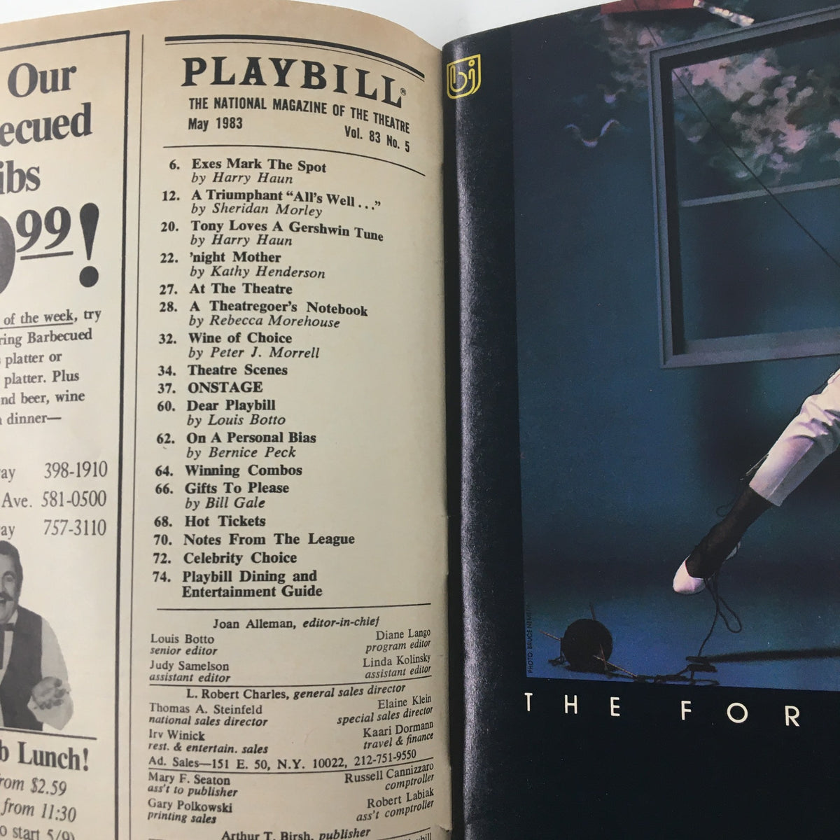 Inside 1983 Playbill for K2 at Brooks Atkinson Theatre showing the program content with various theatrical articles and features.