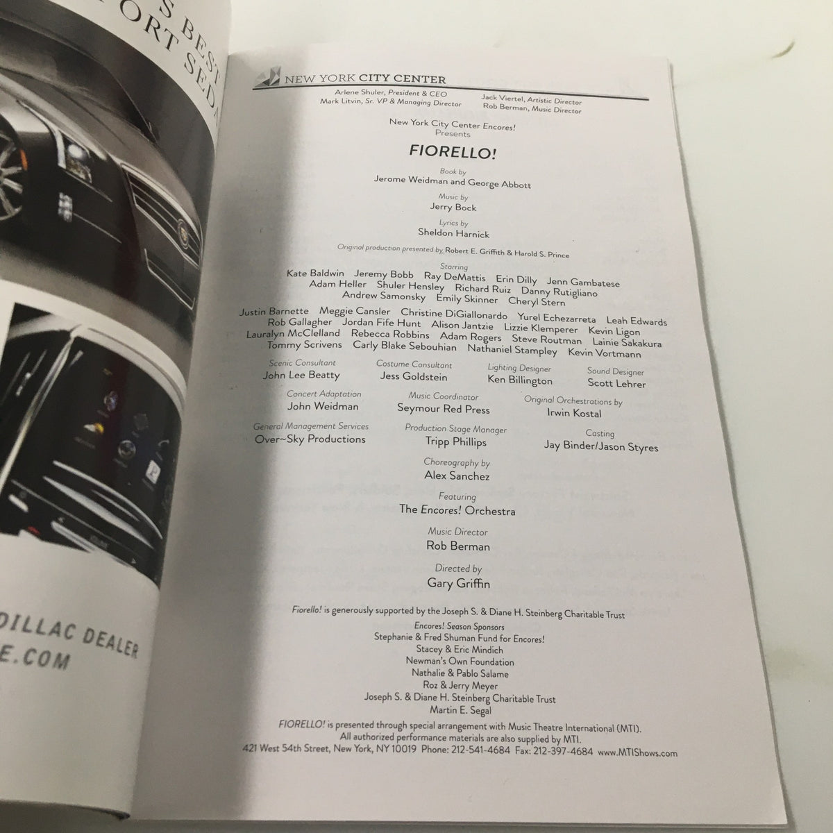 Another interior page of the 2013 Playbill from New York City Center showcasing credits for the production 'Firello' directed by Gary Griffin.
