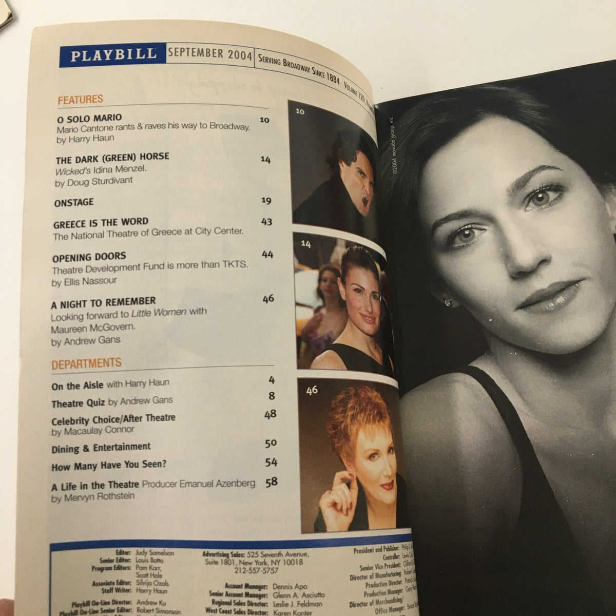 Interior page of the 2004 Playbill for The Frogs from Lincoln Center Theatre, displaying feature articles and theater listings for September 2004.