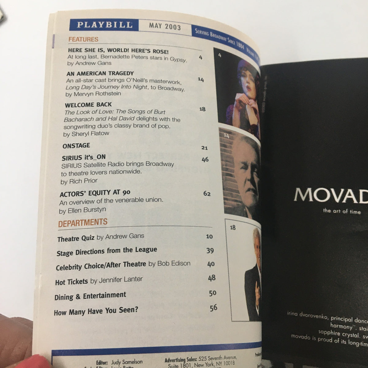 Inside page of the May 2003 Playbill for Les Miserables, showing features and articles related to the theatre and performance.