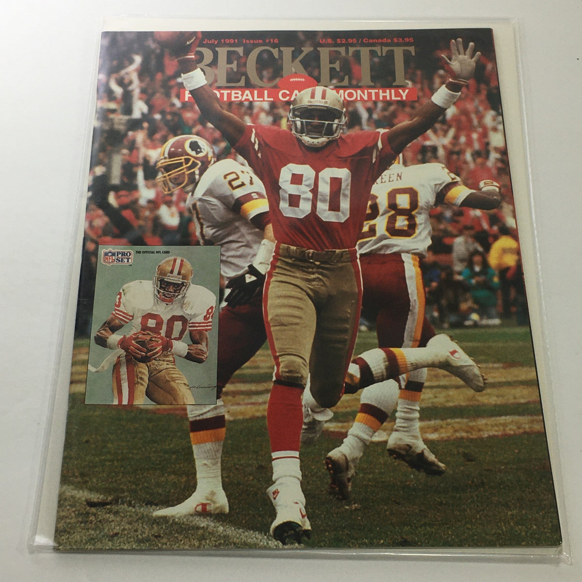 Beckett Football Card Monthly: July 1991 Issue #16 cover featuring Jerry Rice and Jeff George celebrating on the field, capturing the excitement of NFL football culture from the early 90s.