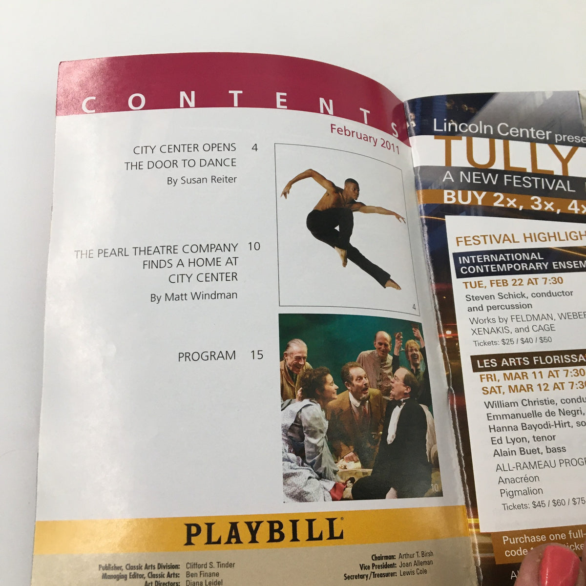Inside page of the 2011 Playbill for Lost In The Stars, detailing contents including articles about City Center and program highlights.