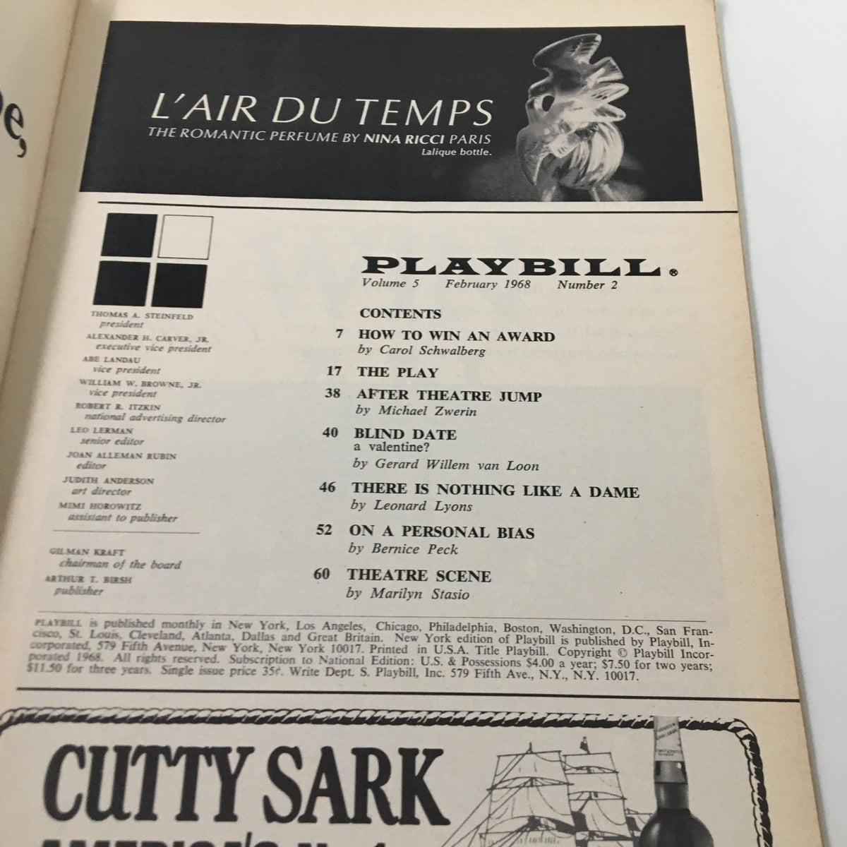 Interior page of the 1968 Playbill from Brooks Atkinson Theatre listing contents including advertising for 'L'AIR DU TEMPS' perfume and theater articles.