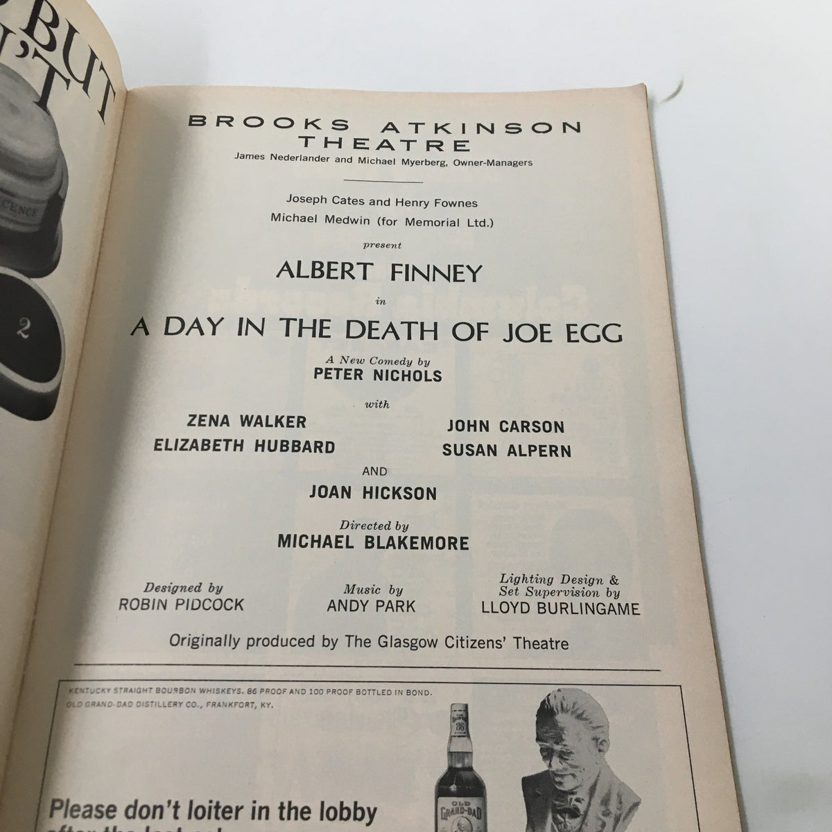 Inside page of the 1968 Playbill from Brooks Atkinson Theatre detailing the cast and crew for 'A Day In The Death of Joe Egg', featuring Albert Finney and production staff.