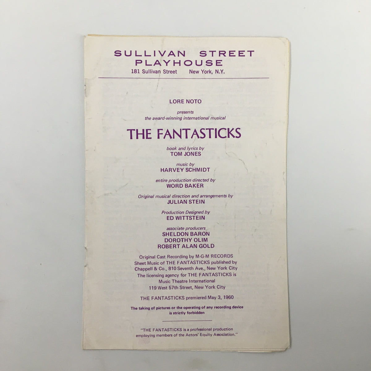 Cover page of the original 1960 Playnews featuring 'The Fantasticks' by Tom Jones, showcasing production details at Sullivan Street Playhouse in New York.