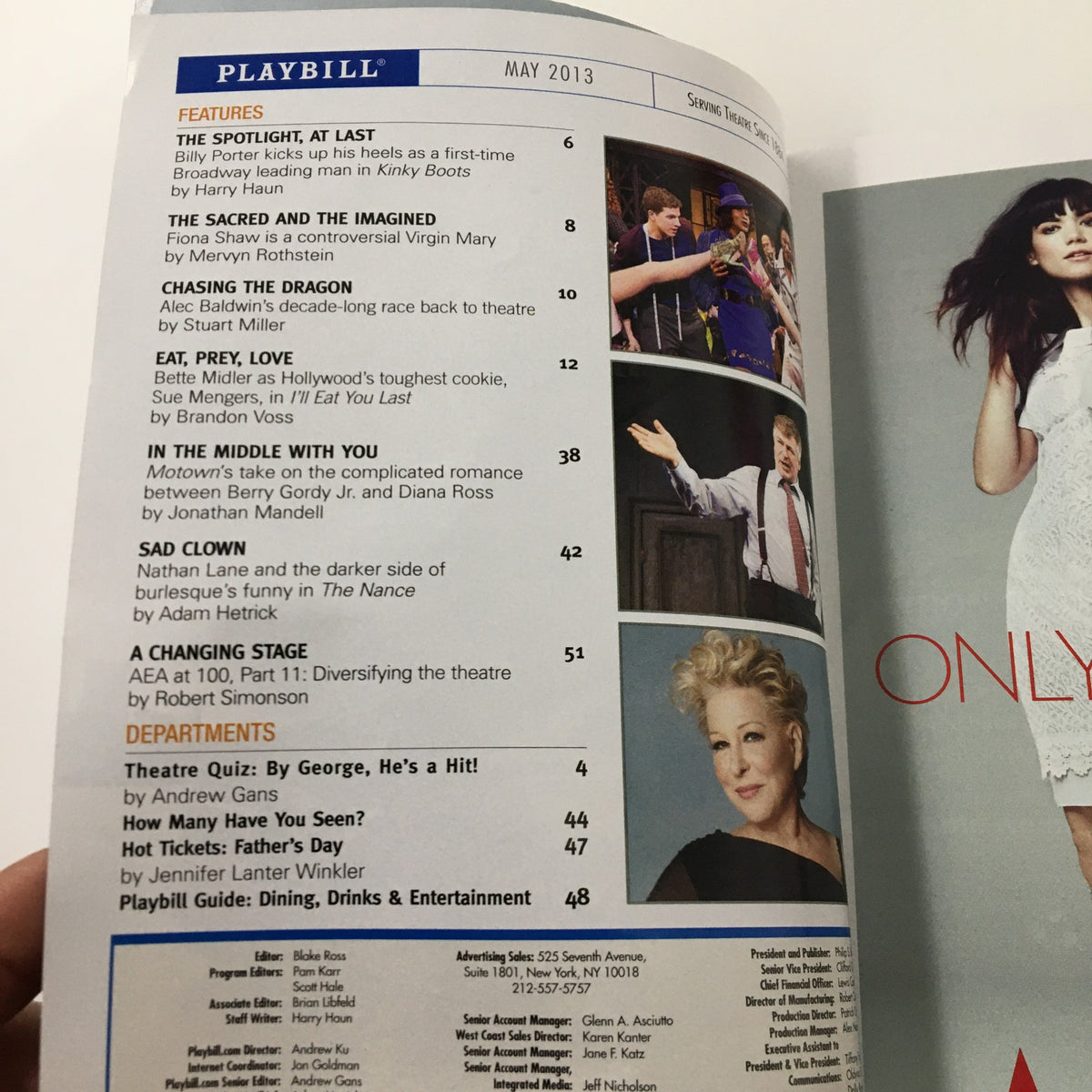 Inside page of the 2013 Playbill for The Fantasticks at The Jerry Orbach Theater listing articles and features.