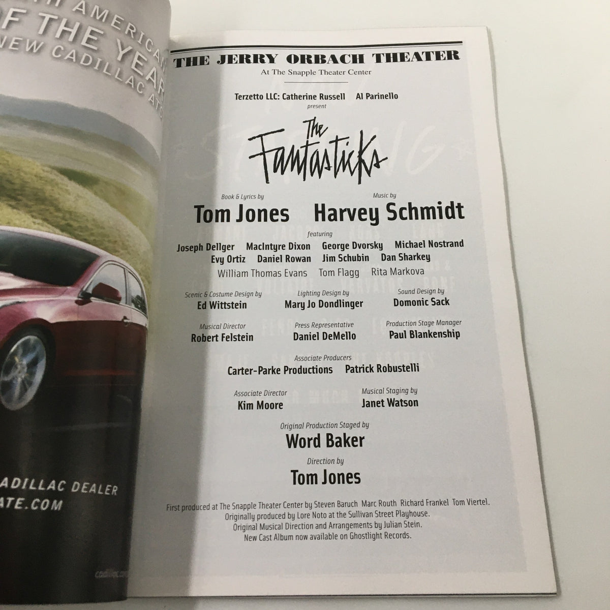 Back cover of the 2013 Playbill for The Fantasticks at The Jerry Orbach Theater showing the cast list and creative team details.