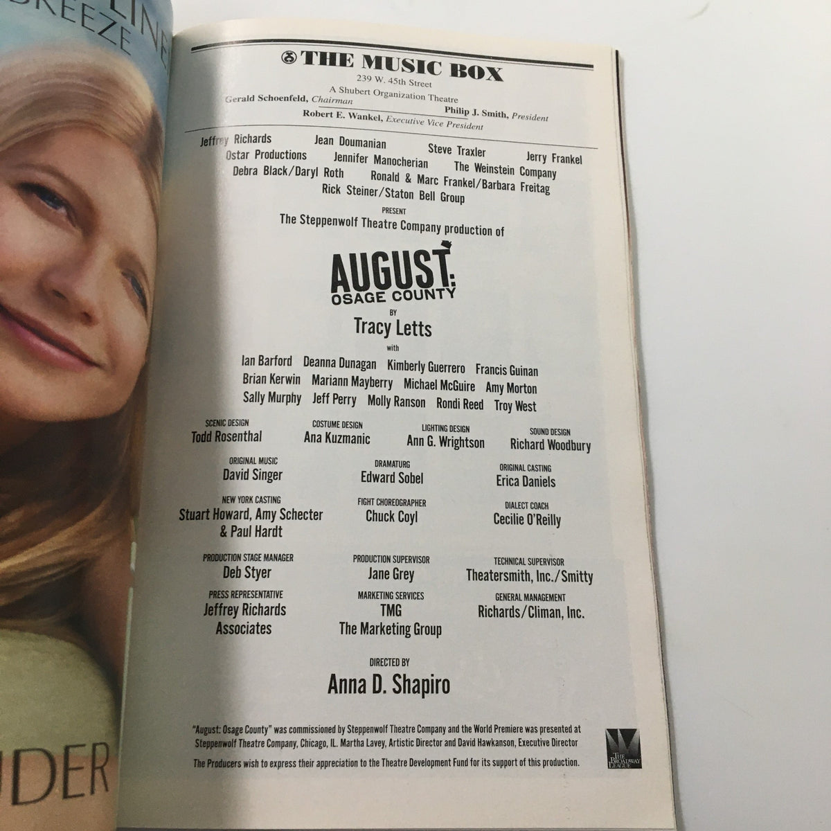 Production credits page from the 2008 Playbill for August: Osage County, listing the cast and creative team led by Anna D. Shapiro.