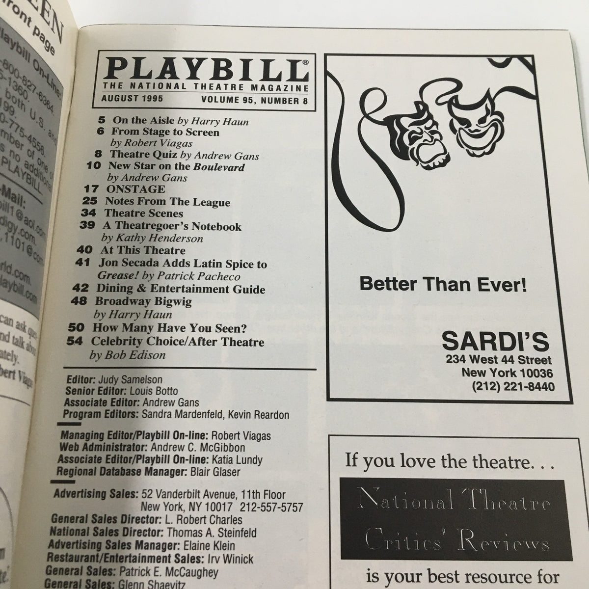 Inside page of the 1995 Playbill for Arcadia, including listings and advertisements pertinent to the National Theatre Magazine from August 1995.