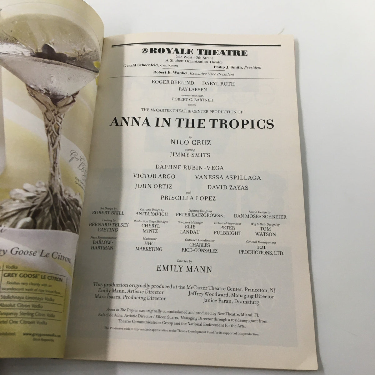 Inside pages of the 2003 Playbill from Royale Theatre showcasing the cast of 'Anna In The Tropics,' including Jimmy Smits. The production details and creative team are highlighted, emphasizing the theatrical experience.