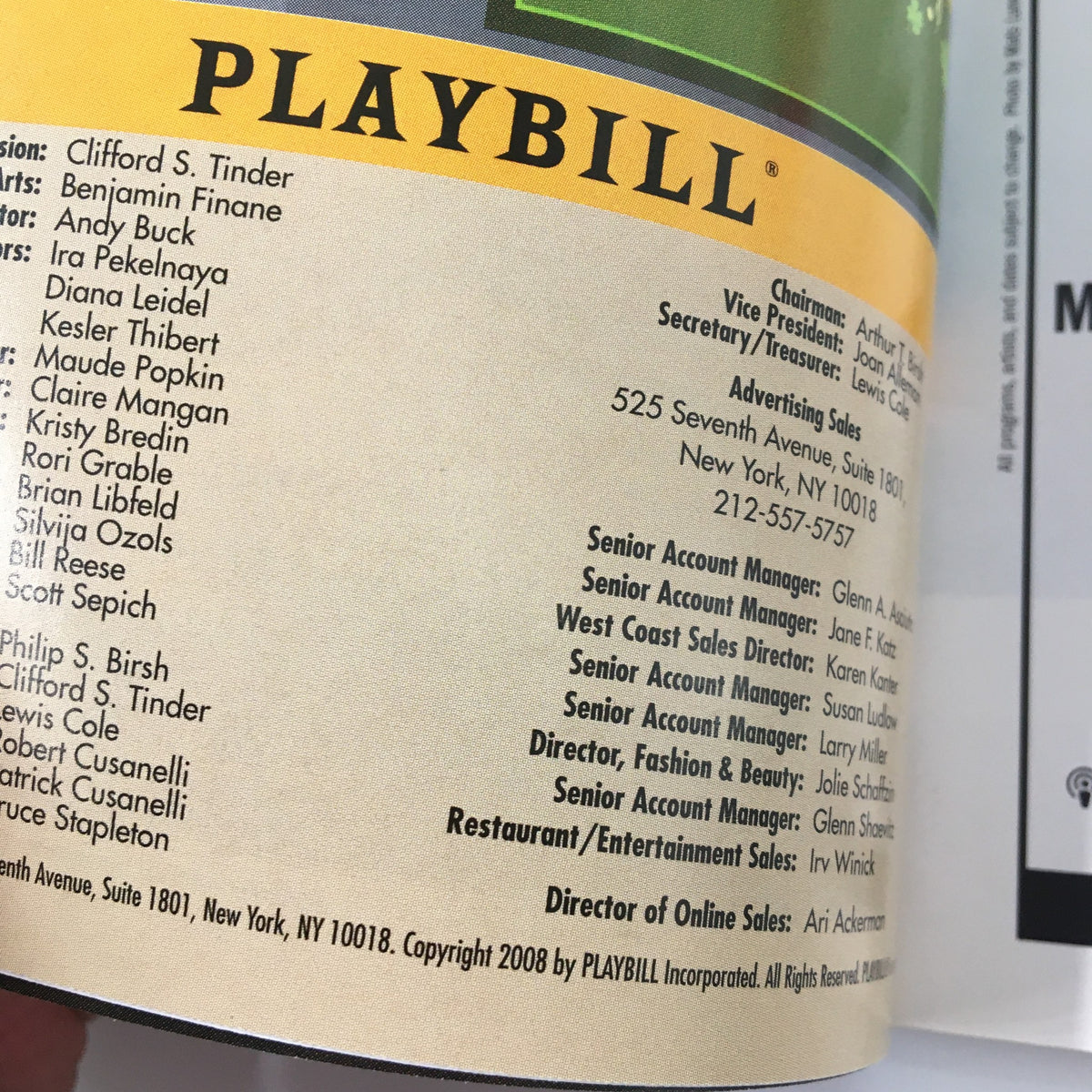 2008 Playbill NY City Center Encores Applause showing the Playbill's editorial team and advertising sales information.