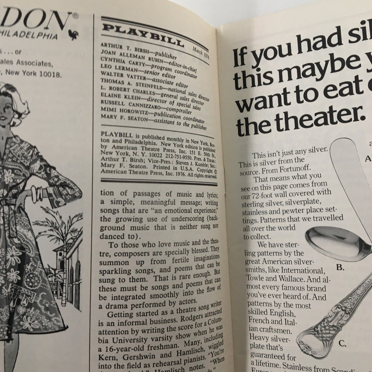 Inside page of the 1976 Playbill for The Norman Conquests, featuring the publication credits and advertisement with vintage graphics.