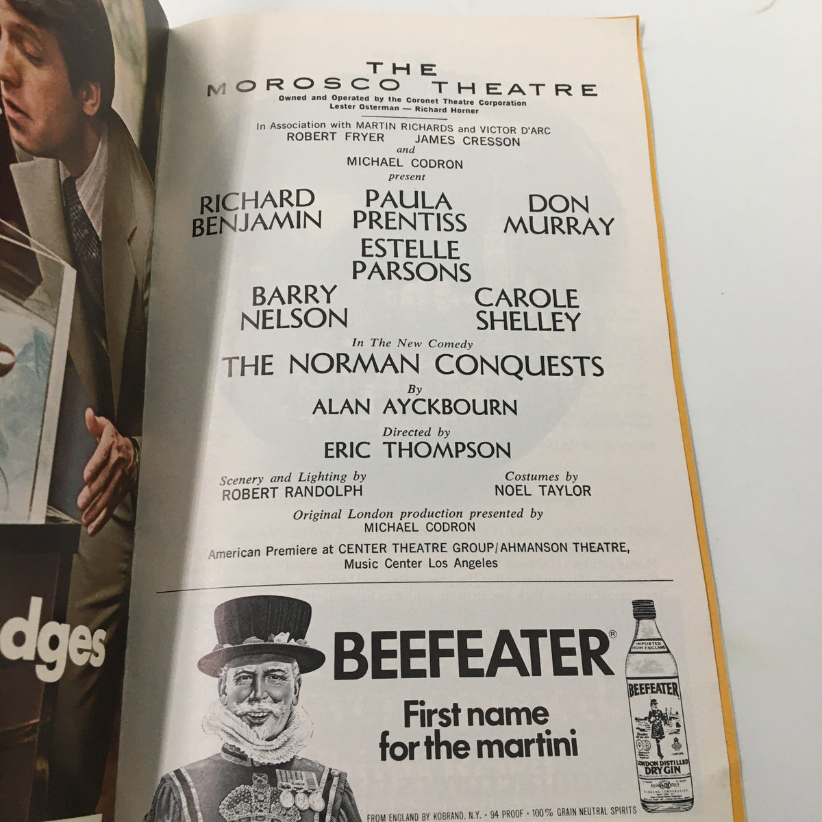 Inside view of the 1976 Playbill for The Morosco Theatre production of The Norman Conquests by Eric Thompson, showcasing the cast, crew, and production details.