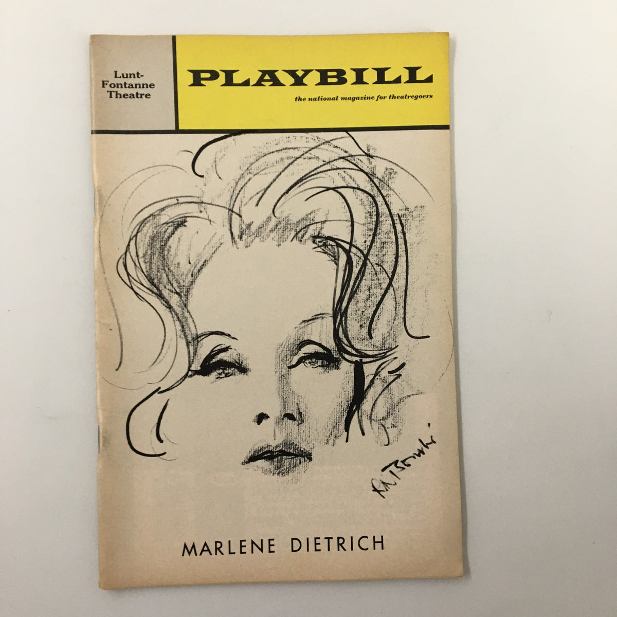 1967 Playbill for Marlene Dietrich's performance at the Lunt-Fontanne Theatre featuring a sketch of Dietrich on the cover.