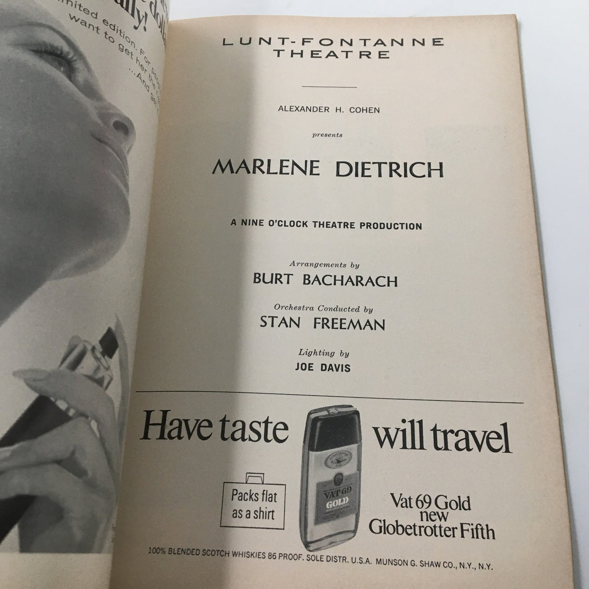 Title page of the Playbill from the Lunt-Fontanne Theatre, presenting Marlene Dietrich, with details on arrangements by Burt Bacharach and conducted by Stan Freeman.